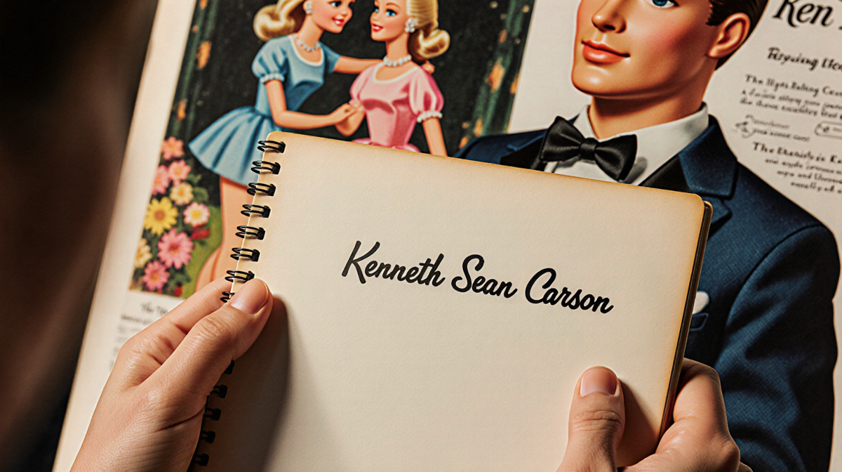 Ruth Handler holding tablet with Kenneth Sean Carson name and vintage 1961 Barbie Ken dance ad in warm nostalgic background