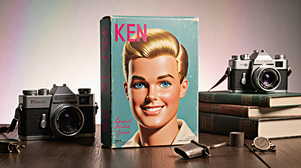 Ken Doll packaging shown on a wooden table with vintage cameras and old books in a nostalgic pastel gradient background under