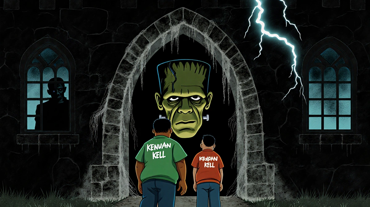Kenan and Kel stand before a dusty castle door with Frankenstein's monster looming in the window and lightning flashing above