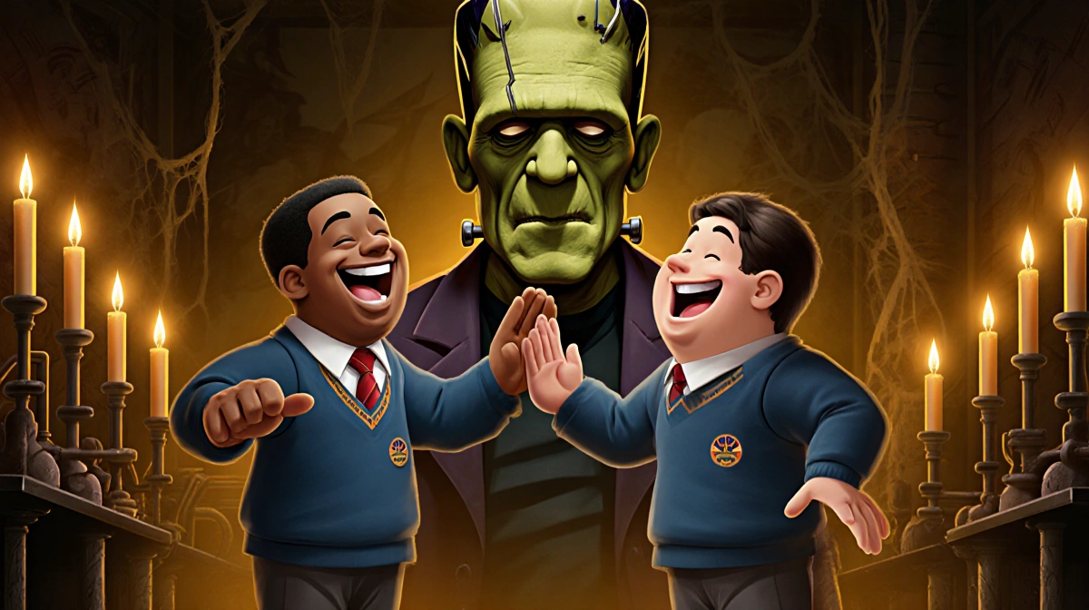 Kenan Thompson and Kel Mitchell high-fiving in updated school uniforms with Frankenstein