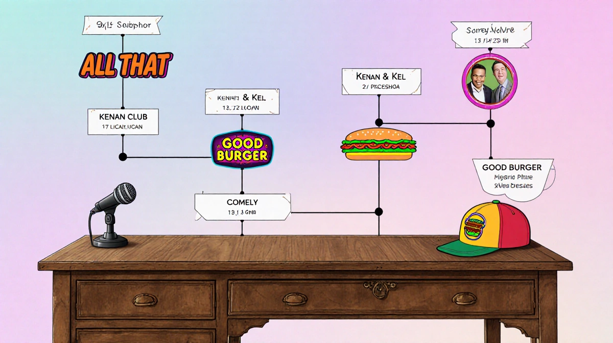 Table displays Kenan & Kel career timeline with microphone and Good Burger hat on wooden desk