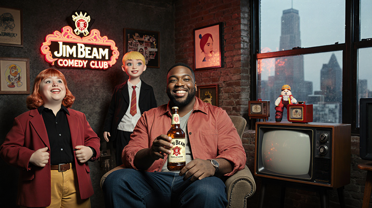 Kenan Thompson smiles holding a Jim Beam bottle with nostalgic Nickelodeon props and a city skyline in the background