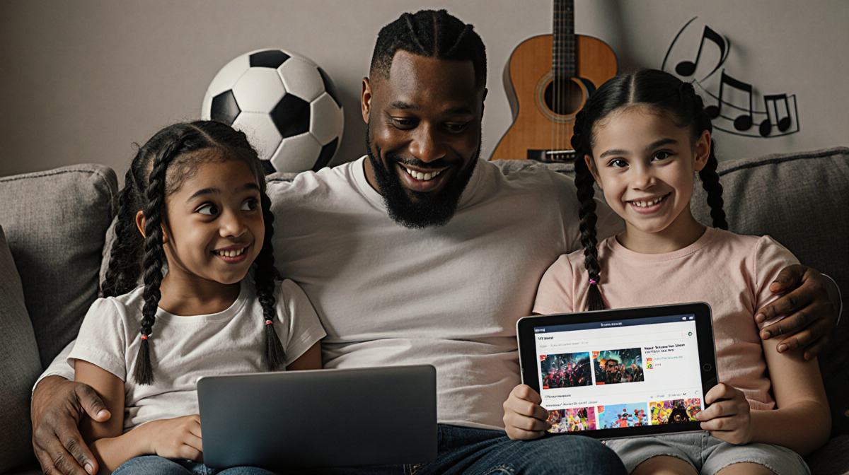 Kenan Thompson sitting with his daughters on a couch holding tablets showing pop culture and sports items in the background