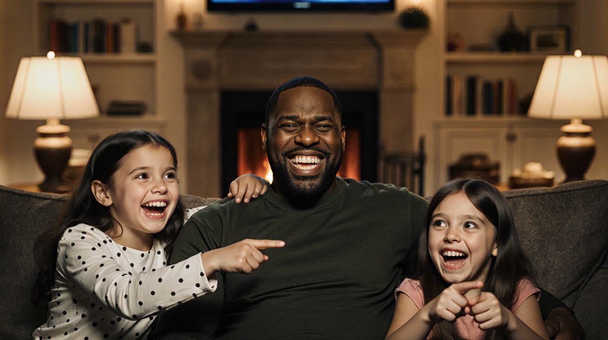 Daughters laughing and pointing at Kenan Thompson while he watches TV in a cozy living room with soft golden light