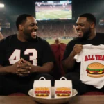 Kenan Thompson laughs with Kel Mitchell on a couch in a stadium while Kel shows his All That t-shirt with Burger lunchboxes