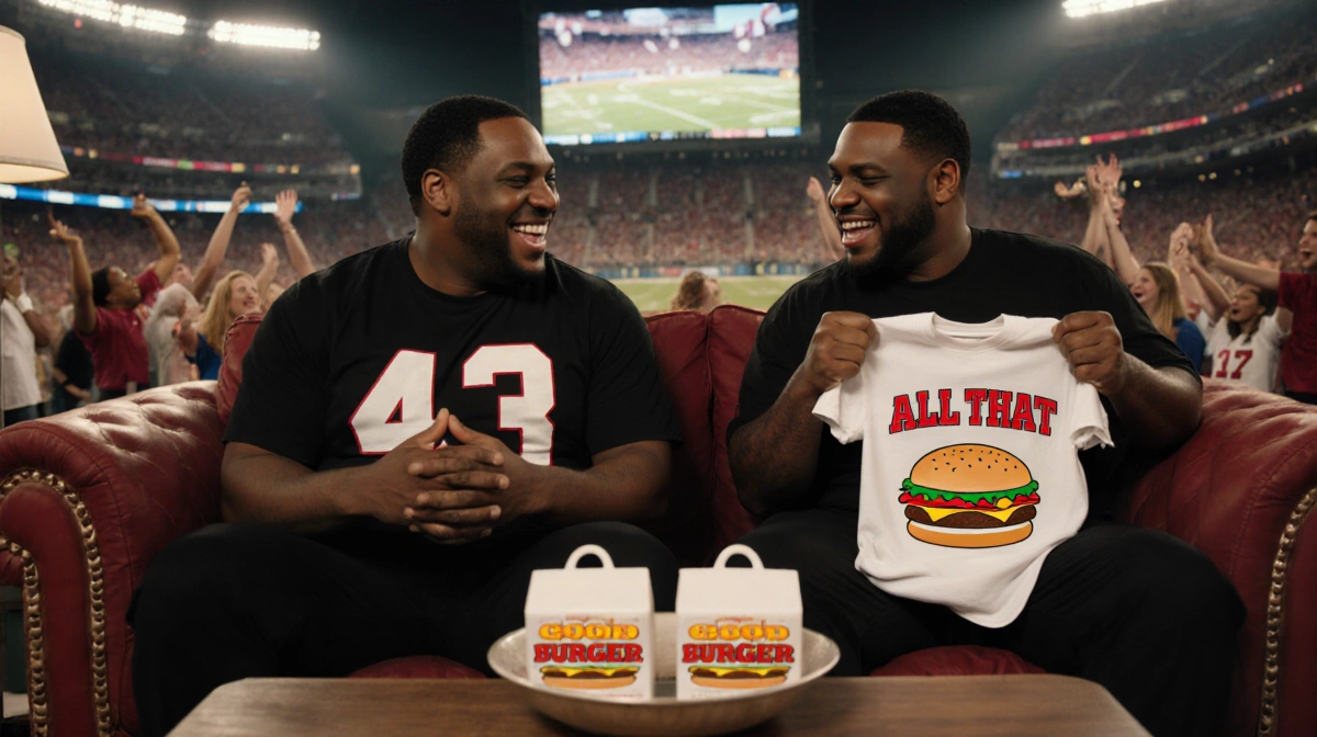 Kenan Thompson laughs with Kel Mitchell on a couch in a stadium while Kel shows his All That t-shirt with Burger lunchboxes