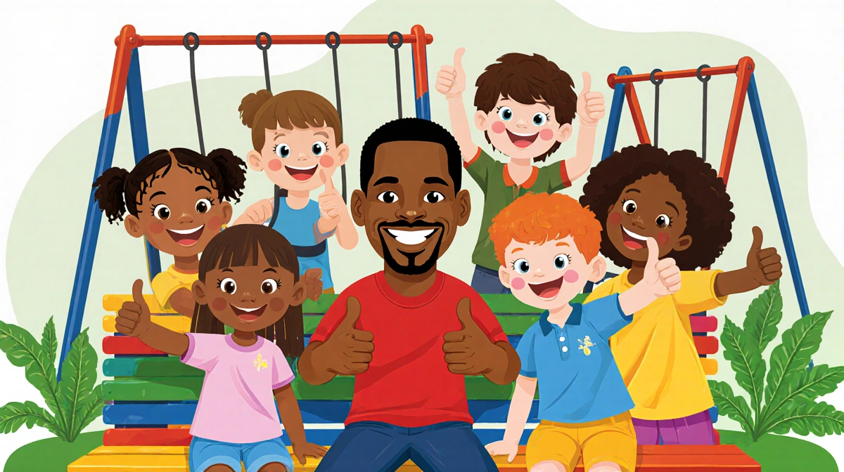 Kenan Thompson sits with diverse school children giving thumbs up on colorful playground bench with swings and slides behind