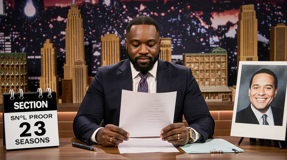 Kenan Thompson sits at desk holding script and nostalgic photo with blurred SNL logo and 23-season calendar