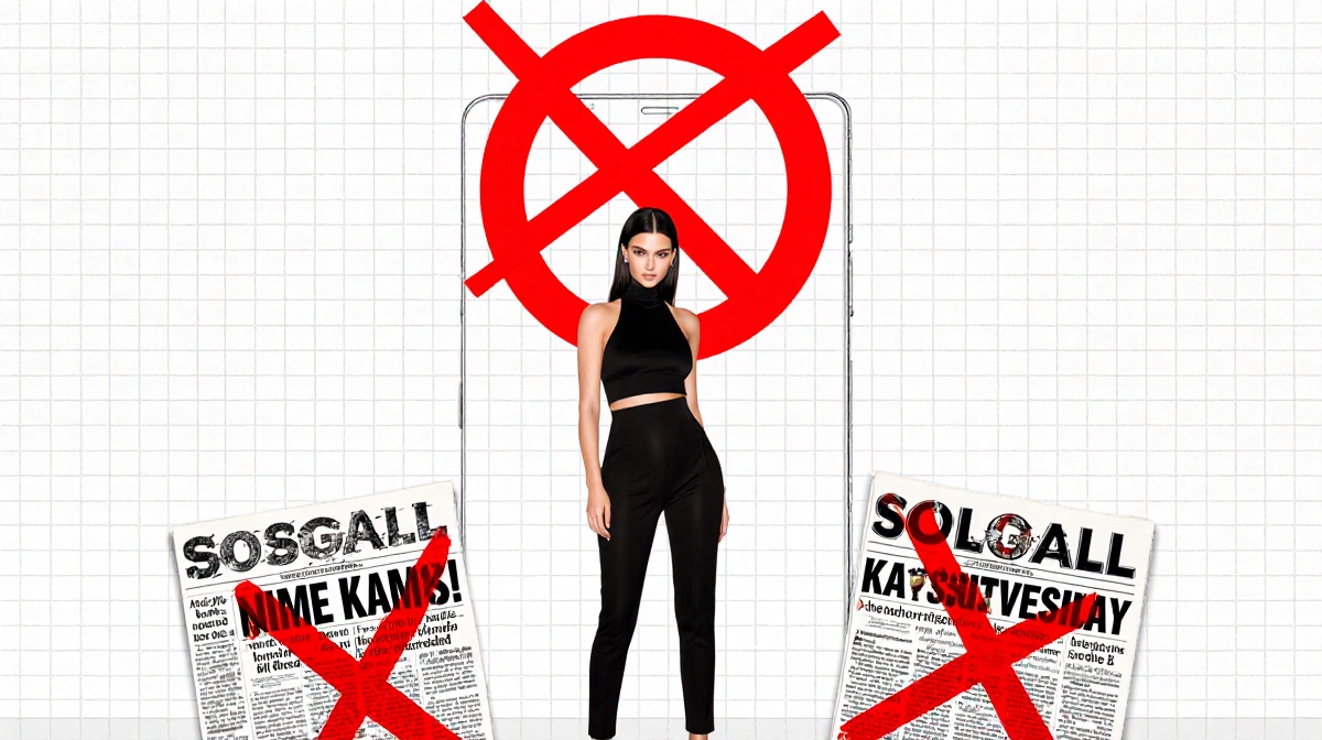 Kendall Jenner stands before white wall with red X and NO sign showing newspaper clippings with crossed-out K names