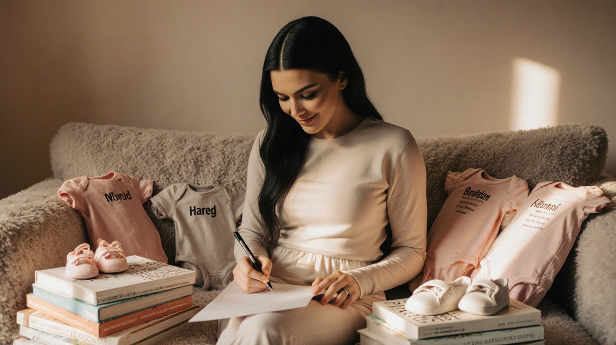 Kendall Jenner sitting on couch with baby name books and tiny clothes while writing with pen
