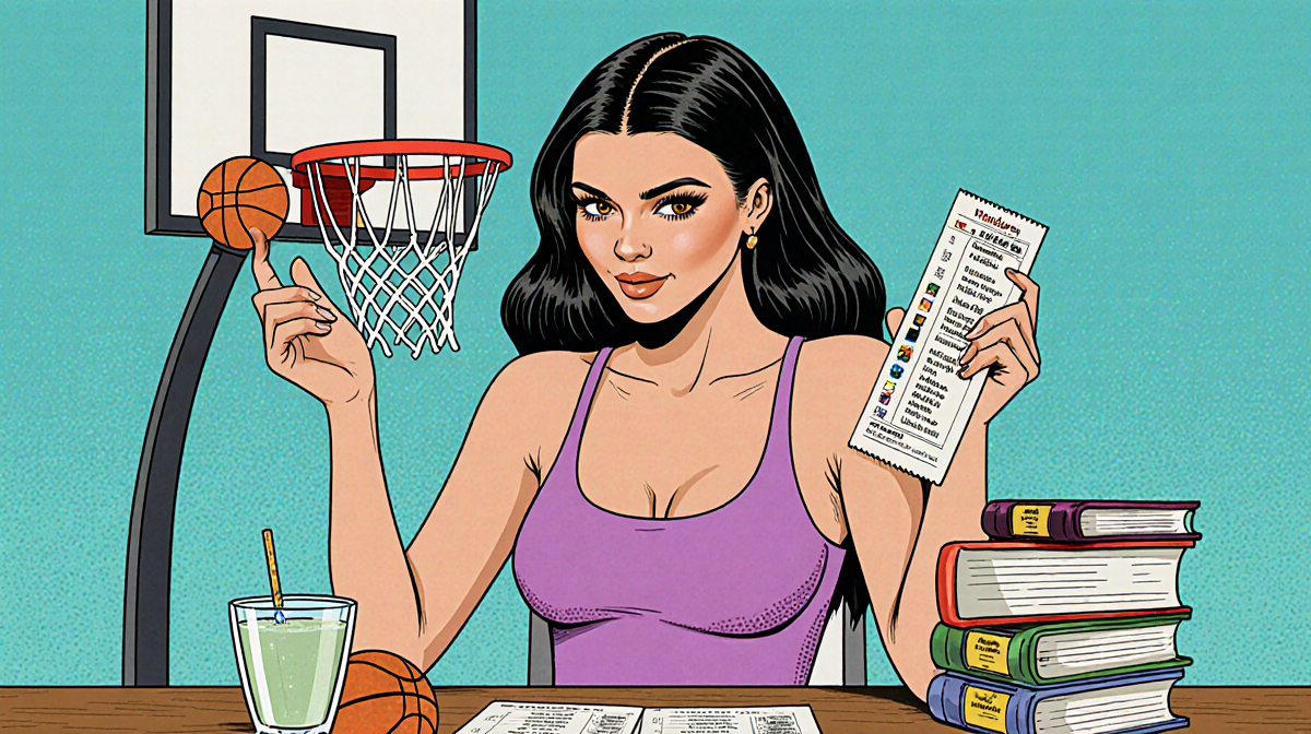 Kendall Jenner placing bets at a casino table with a cocktail glass and a basketball hoop in background