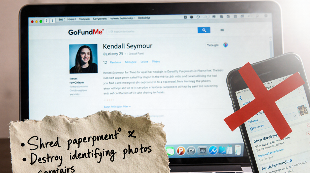 Laptop screen displays urgent GoFundMe update with torn note and red X over phone