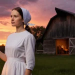 Woman in white dress holding lantern stands before Amish farmhouse with sunset sky and barn door ajar