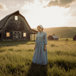 Kendra Bates standing with a gentle smile looking down at earth in a lush green meadow with an Amish barn and golden sky
