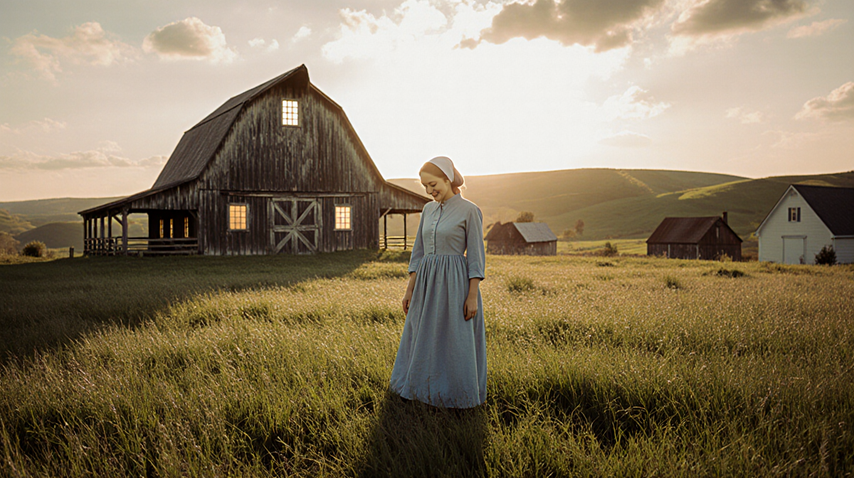 Kendra Bates standing with a gentle smile looking down at earth in a lush green meadow with an Amish barn and golden sky