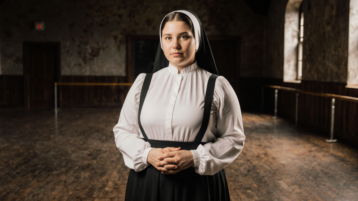 Kendra Bates stands with hands clasped in Mennonite attire on a rustic wooden floor with warm lighting.