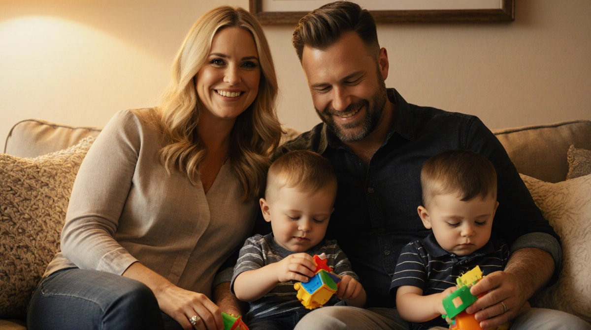 Kendra and Zac sit with their three sons on a couch in a living room where Kendra smiles and Zac looks down at them warmly.