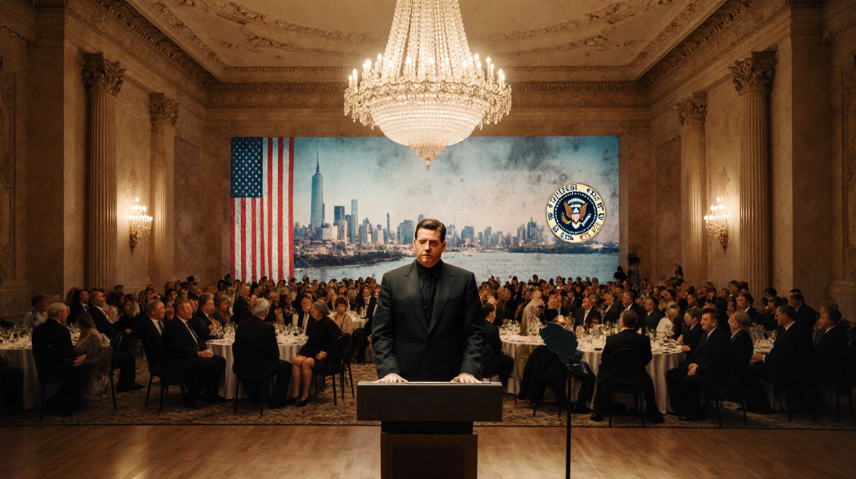 Stephen Schwartz standing at podium with Kennedy Center chandelier glow and faded flag background