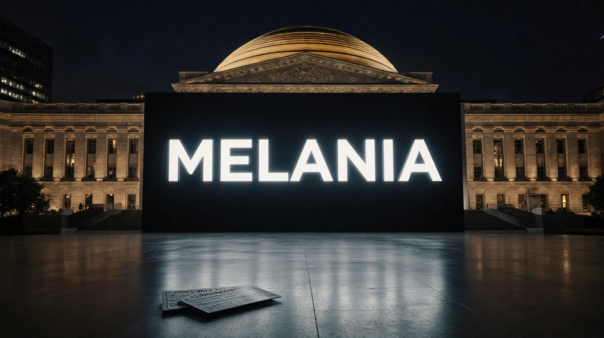 Kennedy Center glows with golden lights at night with Melania title banner and premiere tickets scattered below