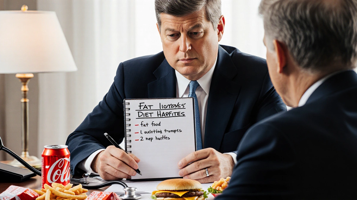 Kennedy sitting at desk with notepad showing Trump's diet concerns and fast food wrappers scattered around