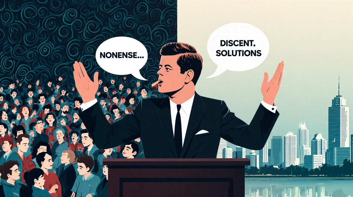 John F Kennedy speaking at podium with speech bubbles saying nonsense and solutions against Dallas skyline