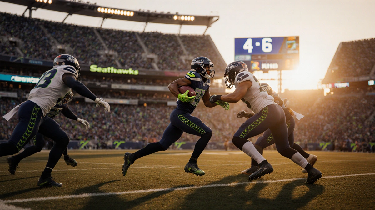 Kenneth Walker III running through defenders with football at Lumen Field as crowd cheers and scoreboard shows 41-6