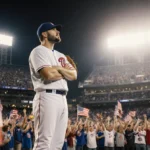 Clayton Kershaw stands with arms crossed and glove at his side with American flag waving and cheering fans behind him