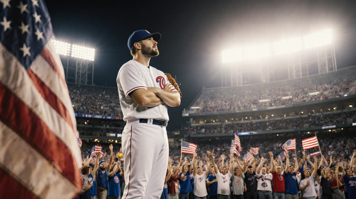Clayton Kershaw stands with arms crossed and glove at his side with American flag waving and cheering fans behind him