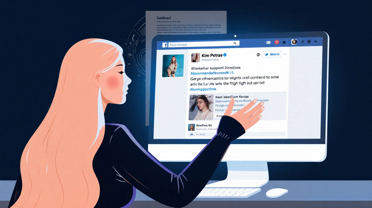 Kesha reaching toward phone showing Kim Petras post with glowing screen and blurred contract behind