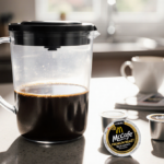 Half-empty Keurig pod container holding scattered McCafe K-Cup Decaf pods with coffee cups and newspaper on kitchen counter