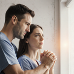 Kevin and Ali Manno embrace tightly with hopeful expressions under warm window light and a subtle medical-themed backdrop