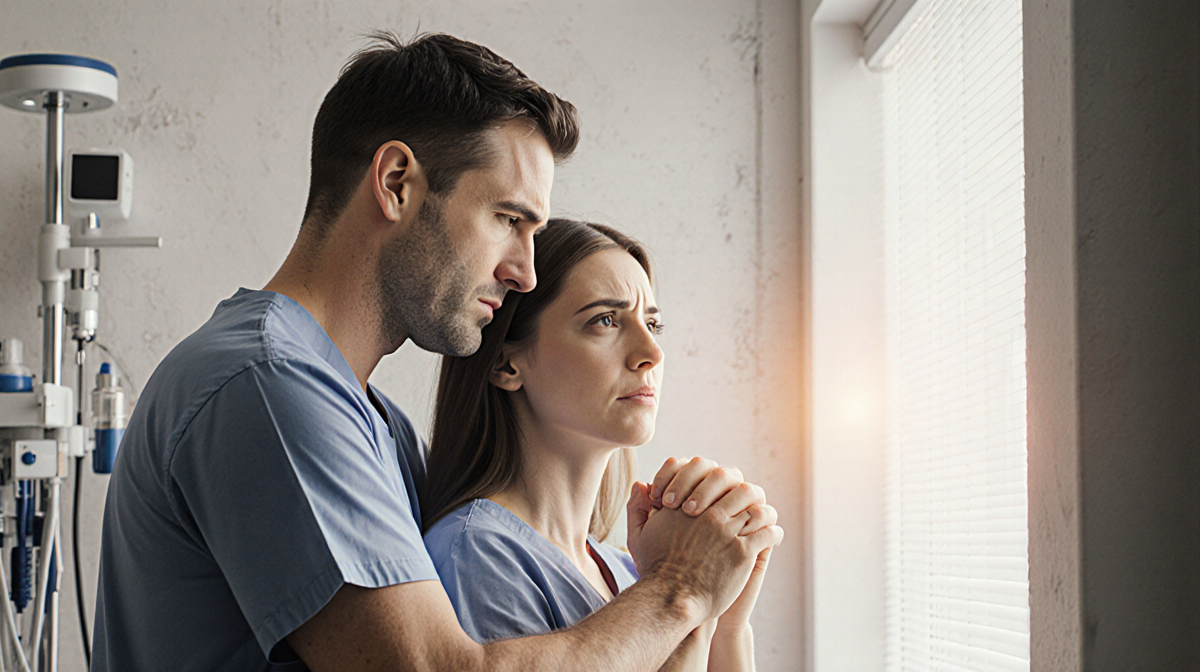 Kevin and Ali Manno embrace tightly with hopeful expressions under warm window light and a subtle medical-themed backdrop