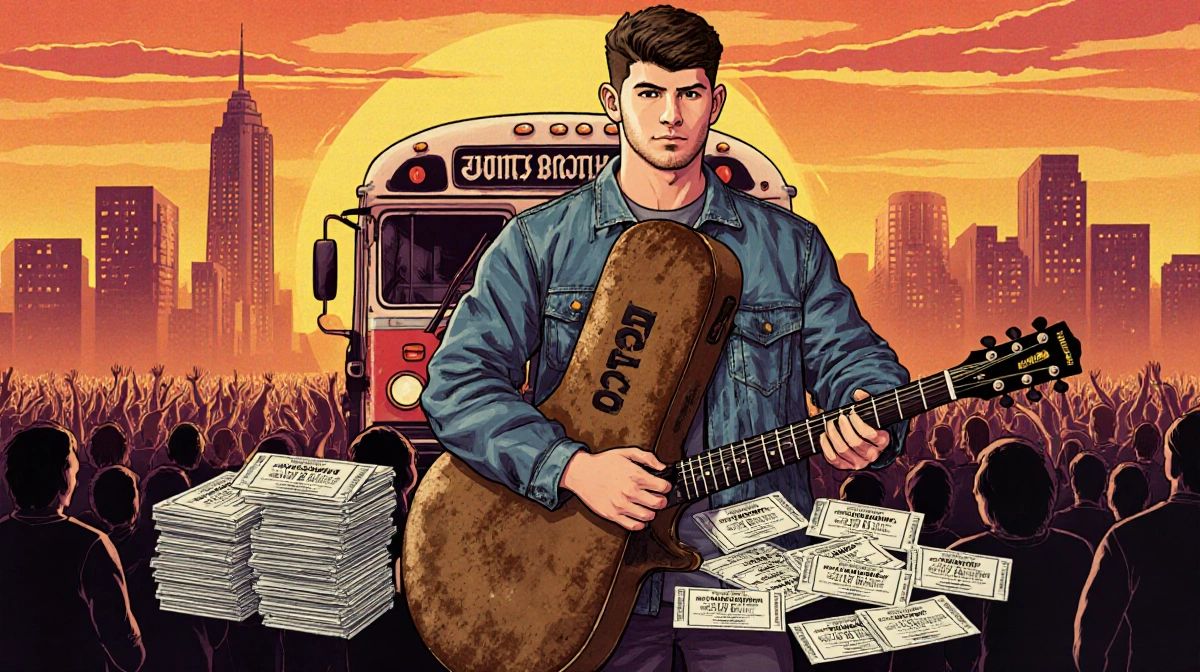 Kevin Jonas holding a worn guitar case with tour bus behind him and sunset cityscape showing distant stage