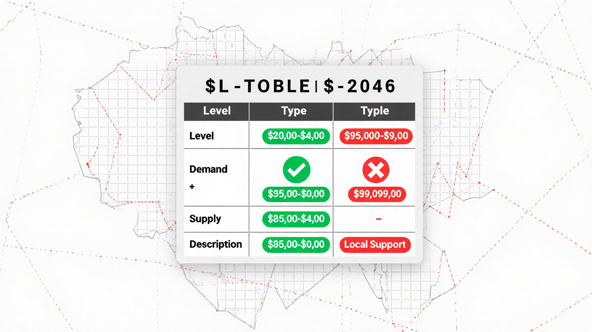 Table lists key price levels with green demand and red supply labels and a subtle graph background