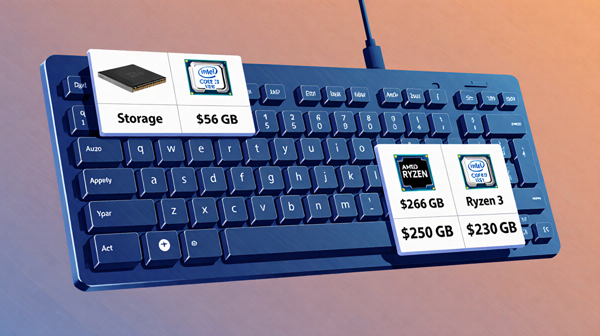 Keyboard displays storage and processor labels with prices and discount info on screen