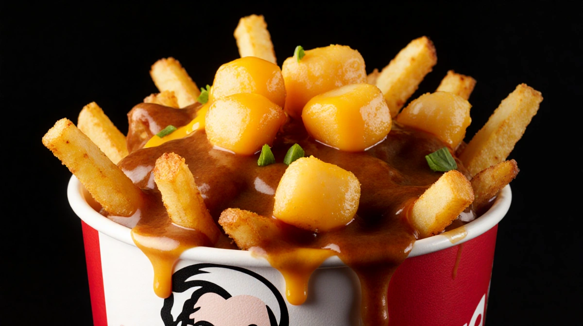 Crispy fries topped with melted cheese curds and hot gravy in a bowl with golden lighting