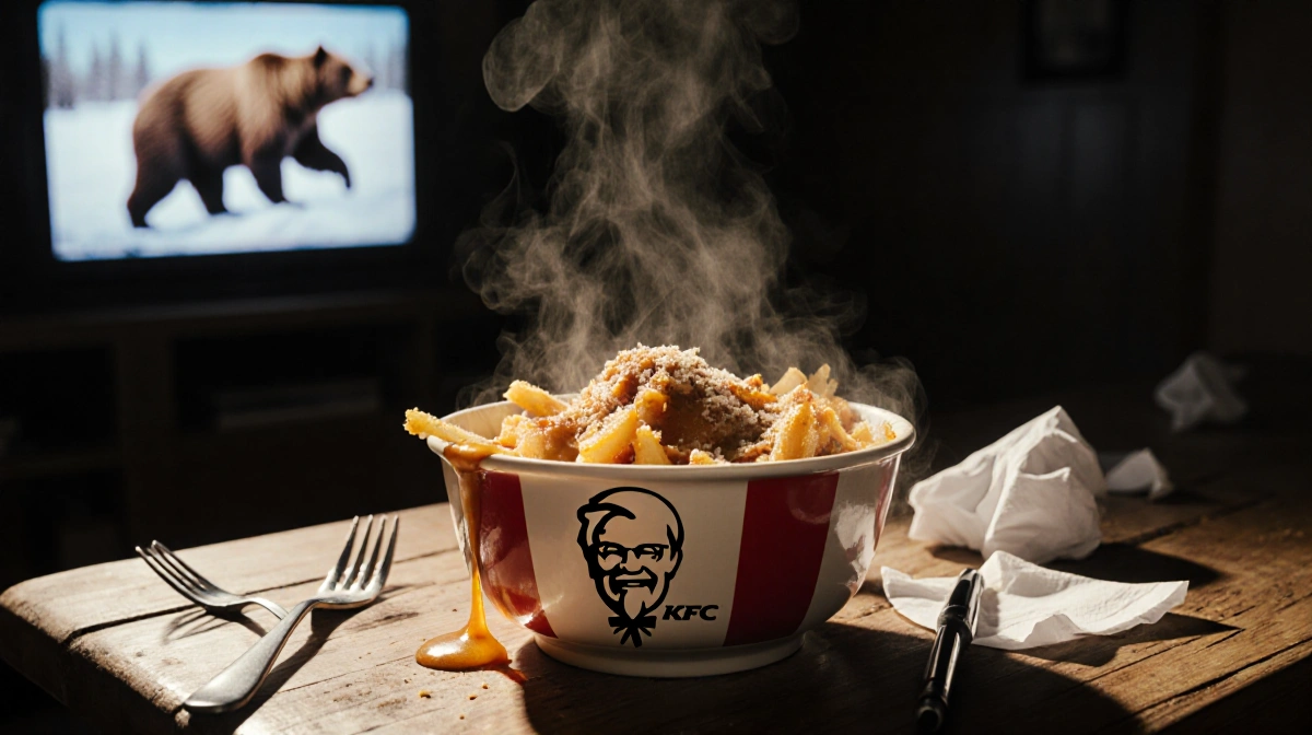 Steaming bowl of KFC poutine drizzles with golden gravy on worn wooden table with scattered utensils and napkins nearby