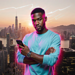 Khaby Lame stands with crossed arms holding smartphone against a sunset cityscape with the Hong Kong skyline gleaming motion