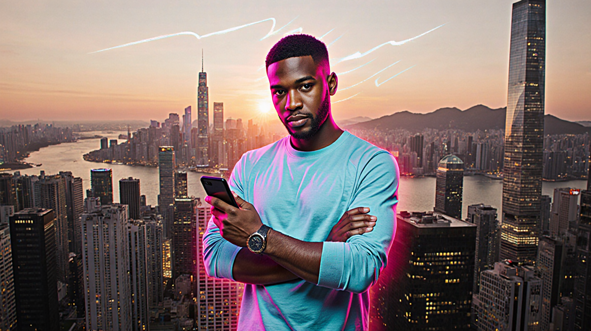Khaby Lame stands with crossed arms holding smartphone against a sunset cityscape with the Hong Kong skyline gleaming motion