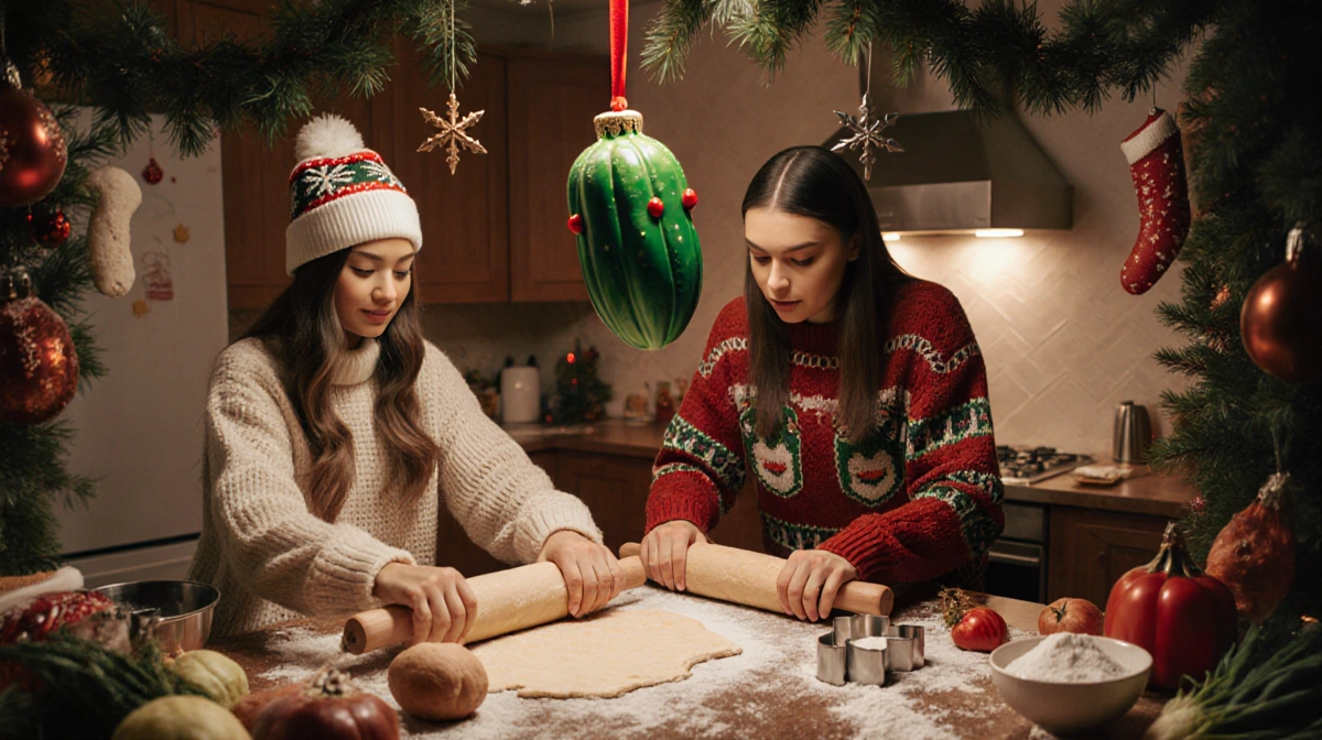 Khai and Bella Hadid rolling cookie dough together with Christmas decorations and vegetable ornaments hanging above