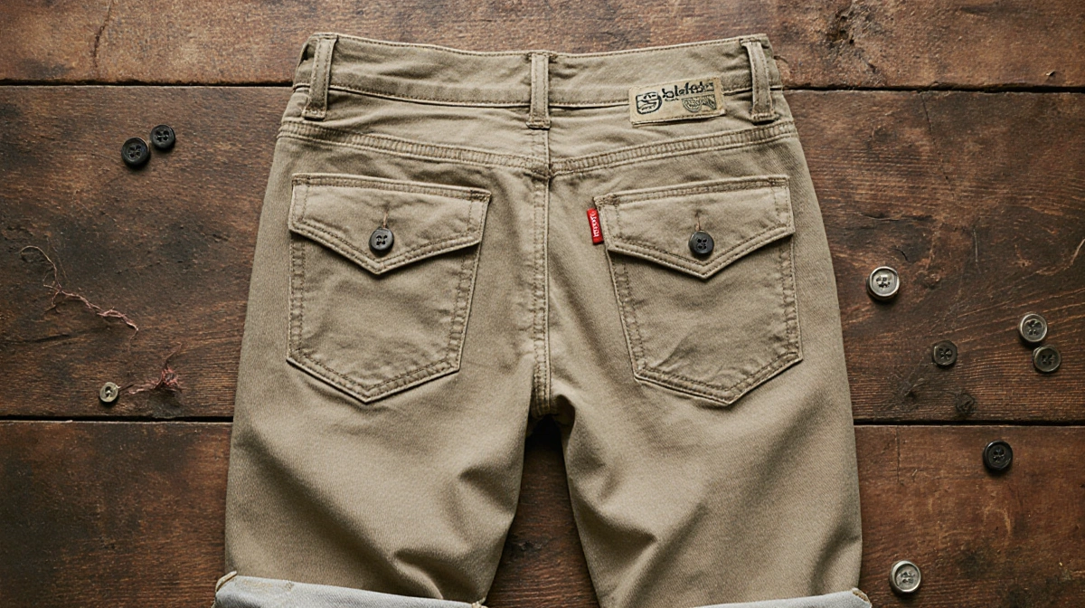 Khaki straight-leg jeans lie on worn wooden floor with one leg rolled up and buttons scattered nearby