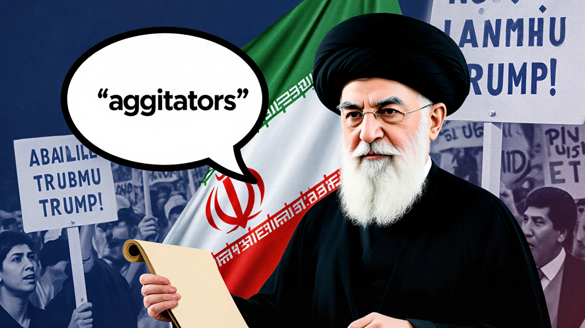 Ayatollah Khamenei holding scroll labeled agitators with Iranian flag and blurred protesters behind