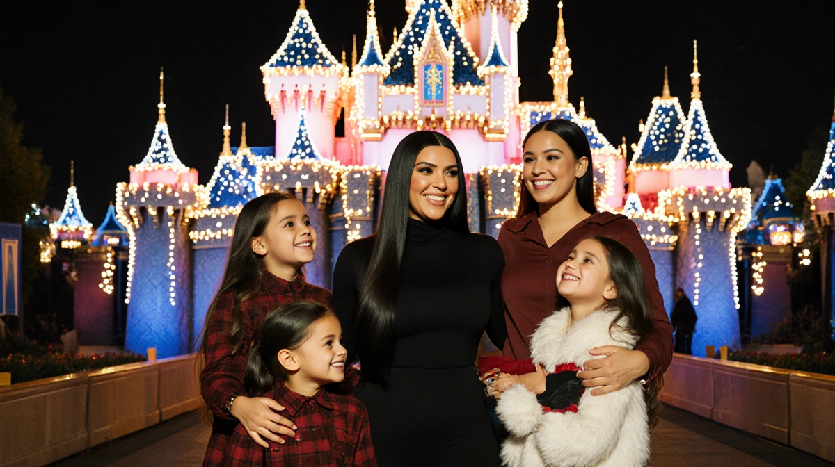 Khloe Kardashian standing with her four kids in front of Disneyland castle under twinkling lights and warm golden glow