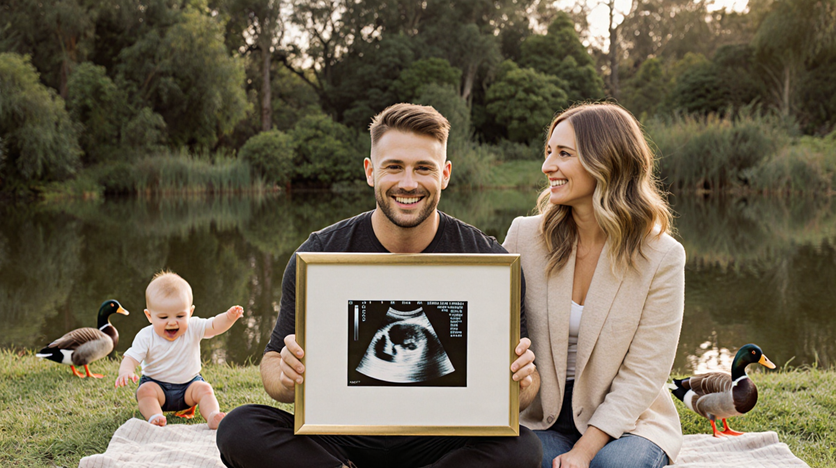 Kian Lawley sits on blanket holding framed sonogram with his son playing near ducks beside pond and Ayla watching.