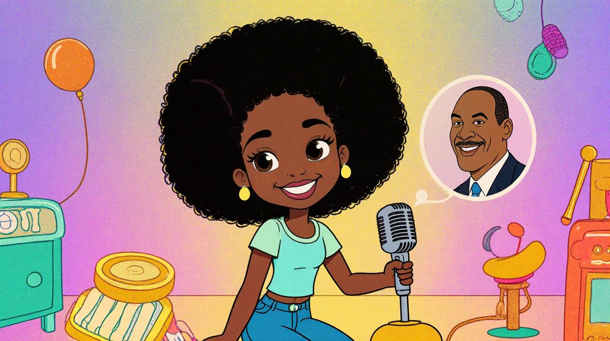 Kianna Underwood smiles while holding a microphone with colorful Nickelodeon background and Little Bill props