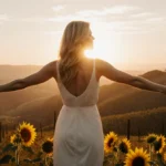 Nicole Kidman stands with arms outstretched at sunrise with sunflowers at her feet and rolling hills glowing with dawn light