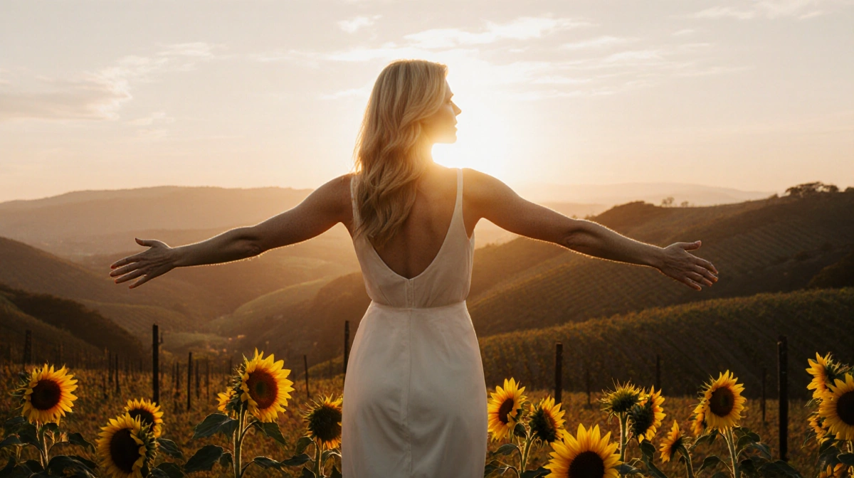 Nicole Kidman stands with arms outstretched at sunrise with sunflowers at her feet and rolling hills glowing with dawn light