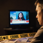 Person staring at TV news report with crime scene tape and newspaper clippings nearby and warm glow.