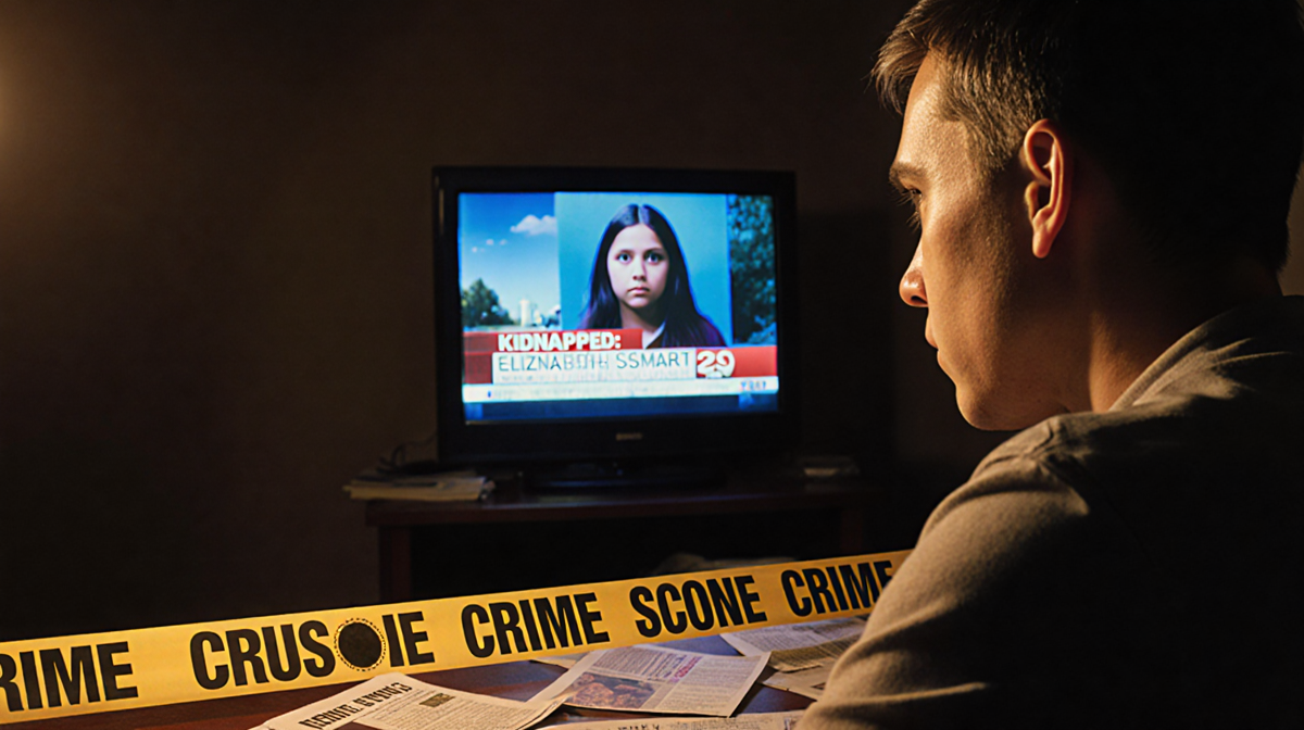Person staring at TV news report with crime scene tape and newspaper clippings nearby and warm glow.