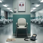 Empty hospital beds line a harsh hallway with a single chair and organ donation table showing the urgent need for kidney dono